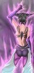  ass back bare_shoulders black_hair breasts capcom contrapposto detached_sleeves drill_hair elbow_gloves fingerless_gloves gloves halter_top halterneck han_juri highres middle_finger nail_polish purple_nails sideboob solo street_fighter street_fighter_iv super_street_fighter_iv tattoo topless twin_drills twintails yjayr 