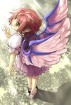  animal_ears bad_id bad_pixiv_id blush dress from_above from_behind looking_back mystia_lorelei nise_nanatsura no_hat no_headwear red_eyes solo touhou wings 