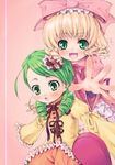  blonde_hair blush bow dress drill_hair green_eyes green_hair hair_ornament hair_ribbon hina_ichigo kanaria long_sleeves multiple_girls open_mouth outstretched_arm outstretched_hand pink_background pink_bow pokomi ribbon rozen_maiden short_hair siblings simple_background sisters sleeves_past_wrists smile 