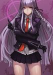  braid breasts closed_mouth crossed_arms danganronpa danganronpa_1 evan_yang gloves hair_ribbon jacket kirigiri_kyouko long_hair medium_breasts miniskirt necktie purple_eyes purple_hair ribbon school_uniform single_braid skirt solo thighs zipper 