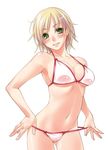  asakura_sakura bikini bikini_pull blonde_hair breasts green_eyes looking_at_viewer medium_breasts original pulled_by_self short_hair smile solo swimsuit 