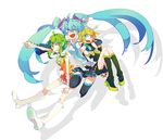  aqua_hair blonde_hair blue_eyes boots green_eyes green_hair grin gumi hako_(swimjelly) hatsune_miku kagamine_rin long_hair multiple_girls necktie ribbon short_hair smile thigh_boots thighhighs vocaloid 