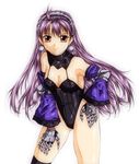  1girl artist_request bare_shoulders breasts brown_eyes cleavage cross dark_eclair detached_sleeves earrings eclair_(la_pucelle) gloves hairband hand_on_hip jewelry la_pucelle leotard long_hair looking_at_viewer purple_hair simple_background smile solo 