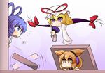  blonde_hair blue_eyes blue_hair brown_eyes brown_hair earmuffs gap kaku_seiga multiple_girls purple_eyes touhou toyosatomimi_no_miko trait_connection wool_(miwol) yakumo_yukari 