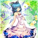  adapted_costume bare_arms bare_shoulders blue_eyes blue_hair blush bow cirno collarbone dress flower gloves hair_bow hand_on_own_chest ice ice_wings looking_at_viewer solo strapless strapless_dress touhou umigarasu_(kitsune1963) wavy_mouth white_dress white_gloves wings 