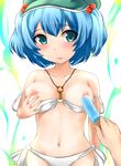  bad_id bad_pixiv_id bikini bikini_pull blue_eyes blue_hair blush breasts food hair_bobbles hair_ornament hat highres jewelry kawashiro_nitori key looking_at_viewer medium_breasts navel nipples open_mouth pendant popsicle pulled_by_self short_hair solo_focus strap_slip swimsuit touhou two_side_up white_bikini yoshimo 