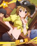  artist_request bar bottle brown_hair character_name cowboy_hat earrings fringe_trim glint hat ibuki_tsubasa idolmaster idolmaster_million_live! index_finger_raised jewelry navel official_art pink_eyes shirt short_hair skirt smile tied_shirt 