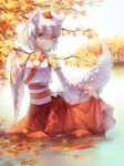 a_luo animal_ears autumn_leaves detached_sleeves forest hat highres inubashiri_momiji lake long_sleeves looking_at_viewer nature red_eyes shirt silver_hair skirt skirt_hold smile solo tail tokin_hat touhou tree water wide_sleeves wolf_ears wolf_tail 