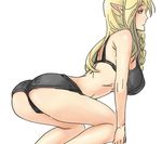  ass bb_(baalbuddy) bent_over black_bra black_panties blonde_hair bra braid colorized elf frown long_hair older panties pointy_ears red_eyes sako_rk_95_(upotte!!) side_braid single_braid solo squatting underwear underwear_only upotte!! 