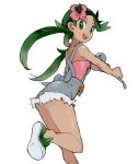  1girl :d american_dog_wo ass bare_arms bare_shoulders breasts creatures_(company) dark_skin flower game_freak green_eyes green_footwear green_hair holding ladle leg_up long_hair looking_at_viewer mao_(pokemon) nintendo open_mouth overalls pink_flower pokemon pokemon_(game) pokemon_sm shoes simple_background small_breasts smile solo teeth trial_captain twintails white_background 