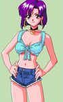  1girl 90s animahjong animahjong_x bare_shoulders breasts choker cleavage denim denim_shorts earings earrings front-tie_top hands_on_hips jewelry looking_at_viewer lowres midriff miyabi_(animahjong) miyabi_(animahjong_x) nakajima_atsuko navel oldschool purple_hair short_hair short_shorts shorts smile sogna solo underboob 