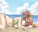  beach bikini blue_eyes breasts cloud day fairy fairy_tail lying mashima_hiro medium_breasts ocean on_side red_hair sheria_blendy smile solo swimsuit twintails 