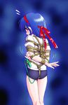  1girl bdsm bloomers blue_hair blush bondage bound buruma buruma_(spark_utamaro) cleave_gag cloth_gag crotch_rope female gag gagged gym_uniform hair_ribbon improvised_gag original red_eyes remote_control_vibrator ribbon rope shibari shirt short_hair solo spark_utamaro t-shirt underwear vibrator 