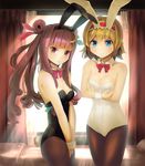  alice_margatroid animal_ears backlighting bare_arms bare_shoulders blonde_hair blue_eyes blush bow breasts brown_legwear bunny_ears bunny_girl bunny_tail bunnysuit cleavage crescent crescent_hair_ornament crossed_arms culter curtains detached_collar double_bun fake_animal_ears hair_bun hair_ornament hairband lolita_hairband long_hair looking_at_viewer medium_breasts multiple_girls pantyhose patchouli_knowledge purple_eyes purple_hair tail touhou twintails v_arms very_long_hair window wrist_cuffs 