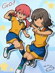  armband blue_eyes brown_eyes brown_hair inazuma_eleven_(series) inazuma_eleven_go lightning_bolt male_focus mizuhara_aki multiple_boys open_mouth pink_hair raimon raimon_soccer_uniform soccer_uniform sportswear star twintails 