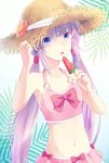  :o armpits bangs bikini bikini_skirt bow bow_bikini breasts flower food gradient gradient_background hair_tubes hand_on_headwear hat hat_flower hat_ribbon holding kai_aki leaf long_hair looking_at_viewer low_twintails navel o-ring o-ring_bikini o-ring_top open_mouth pink_bikini popsicle purple_eyes purple_hair ribbon sidelocks small_breasts solo sophie_(tales) straw_hat swimsuit tales_of_(series) tales_of_graces tankini twintails upper_body very_long_hair watermelon_bar 