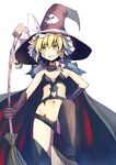 alternate_costume black_gloves black_legwear blonde_hair bodysuit bow braid broom cape culter elbow_gloves facial_mark gloves grin hair_bow hat hat_bow heart_cutout highres kirisame_marisa midriff navel revealing_clothes simple_background single_braid skull smile solo thighhighs touhou white_background white_bow witch_hat yellow_eyes 
