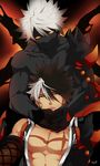  bad_id bad_pixiv_id black_hair black_skin dual_persona elsword highres hug hug_from_behind male_focus multicolored_hair multiple_boys no_mouth orange_eyes raven_(elsword) reckless_fist_(elsword) scar shirtless spiked_hair two-tone_hair white_hair yukibi_(ykb) 