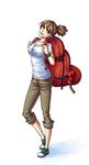  backpack backpacker_(pokemon) bag breasts brown_hair green_eyes head_tilt highres medium_breasts monorus pants pants_rolled_up poke_ball pokemon pokemon_(game) pokemon_bw ponytail shirt shoes sneakers solo t-shirt wristband 