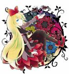  animal_print bat_print bat_wings black_legwear blonde_hair blue_eyes dokidoki!_precure floral_background flower heart kokuro leaf long_hair looking_back outstretched_arm outstretched_hand pantyhose precure print_legwear red_ribbon regina_(dokidoki!_precure) ribbon rose smile solo thorns wings 