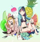  2girls barefoot bikini black_hair blonde_hair blue_eyes cellphone cherry doughnut drink earrings food fruit glasses hairband highres hood hoodie jewelry kiwifruit long_hair lying multiple_girls navel on_stomach open_clothes open_hoodie original pastry_box phone pineapple sitting smartphone smile swimsuit 