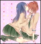  blue_hair brown_eyes brown_hair closed_eyes dress_shirt embarrassed forehead_kiss hair_ornament heart heart_hair_ornament kiss kurahashi_riko long_hair love_lab maki_natsuo meota multiple_girls necktie school_uniform shirt side_ponytail skirt yuri 