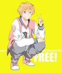  1boy free! hazuki_nagisa jacket male male_focus red_eyes shoes smile sneakers solo 