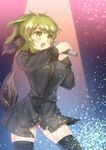 animal_ears black_legwear blush breasts danbo_(rock_clime) gradient gradient_background green_eyes green_hair highres kasodani_kyouko large_breasts light_particles long_sleeves microphone music no_panties open_mouth short_hair singing solo spotlight tail thighhighs touhou 