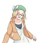  ^_^ bel_(pokemon) beret blonde_hair closed_eyes dress glasses happy hat highres hood hoodie monorus open_clothes open_hoodie pokemon pokemon_(game) pokemon_bw2 red-framed_eyewear semi-rimless_eyewear short_hair solo under-rim_eyewear 