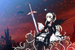  bad_id bad_pixiv_id dress embers feathers hairband highres long_hair looking_up red_eyes rozen_maiden silver_hair sitting solo suigintou sword uiu weapon wings 