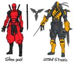  arm_blade armor baggy_pants bodysuit boots chakram cosplay dc_comics deadpool deathstroke exaxuxer highres knee_boots kunai league_of_legends marvel mask multiple_boys ninja over_shoulder pants shen shoulder_pads sketch sword sword_over_shoulder weapon weapon_over_shoulder zed_(league_of_legends) 