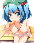  bad_id bad_pixiv_id bikini bikini_bottom blue_eyes blue_hair blush breasts food hair_bobbles hair_ornament hat highres jewelry kawashiro_nitori key looking_at_viewer medium_breasts mouth_hold navel nipples open_mouth pendant popsicle sexually_suggestive short_hair side-tie_bikini solo_focus swimsuit topless touhou two_side_up white_bikini yoshimo 