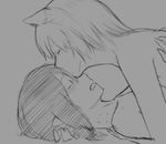  bite_mark closed_eyes forehead_kiss greyscale hand_in_hair inubashiri_momiji kiss monochrome multiple_girls shameimaru_aya sketch touhou usuishiki yuri 