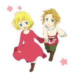  1girl blonde_hair blue_eyes boots dress holding_hands kujou_kazuki link lowres open_mouth pointy_ears princess_zelda short_hair smile the_legend_of_zelda the_legend_of_zelda:_skyward_sword young_link young_zelda younger 