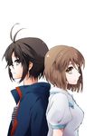  antenna_hair back-to-back black_eyes brown_eyes brown_hair hagiwara_yukiho idolmaster idolmaster_(classic) kikuchi_makoto multiple_girls name_row 