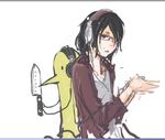  back-to-back black_hair cable expressionless glasses headphones kitchen_knife knife long_sleeves mole nanjou_sachi onodera_punpun oyasumi_punpun panties_(pantsu-pirate) shirt short_hair simple_background sketch t-shirt white_background 