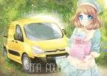  blue_eyes box brown_hair car citroen dress ground_vehicle hanakomiti hat motor_vehicle original short_hair smile solo tree 