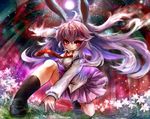  animal_ears bamboo bamboo_forest breasts bunny_ears dress_shirt expressionless fireflies fisheye flower forest full_moon gobou_(gbu) grass kneeling long_hair long_sleeves looking_at_viewer medium_breasts moon motion_blur nature necktie night outdoors pleated_skirt purple_hair red_eyes reisen_udongein_inaba shirt shoes skirt socks solo touhou 