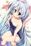  animal_ears blue_eyes blush bunny_ears competition_school_swimsuit long_hair looking_at_viewer nagayama_yuunon off_shoulder one-piece_swimsuit original school_swimsuit silver_hair solo strap_slip swimsuit wet 