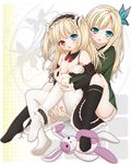  2girls aqua_eyes blonde_hair blush boku_wa_tomodachi_ga_sukunai breast_slip breasts butterfly_hair_ornament feet fingering hair_ornament hasegawa_kobato heterochromia kashiwazaki_sena multiple_girls nipple_tweak no_shoes one_breast_out through_clothes toy twintails yuri 