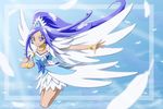  alternate_costume asymmetrical_clothes blue blue_background blue_bow blue_eyes blue_hair blue_skirt boots bow bracelet choker crystal_earrings cure_diamond curly_hair diamond_(shape) dokidoki!_precure earrings feathered_wings feathers heart hishikawa_rikka jewelry long_hair looking_at_viewer magical_girl moritakusan ponytail precure ribbon shoes skirt smile solo wings 