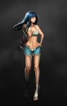  absurdres bandages bangs black_eyes blue_hair boxing_gloves breasts cleavage hand_on_hip highres long_hair medium_breasts midriff navel original panties shorts silvester solo tattoo underwear unzipped 