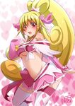  adapted_costume aida_mana blonde_hair blush bow breasts cure_heart dokidoki!_precure hair_ornament half_updo hand_on_own_chest heart heart_background heart_hair_ornament medium_breasts midriff namisawa open_mouth pink_bow pink_eyes pink_sleeves ponytail precure revealing_clothes solo thighhighs underboob 