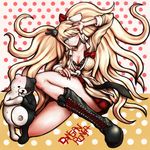  black_footwear blonde_hair blue_eyes boots bow breasts cleavage collarbone copyright_name cross-laced_footwear danganronpa danganronpa_1 enoshima_junko hair_bow hair_ornament highres knee_boots komatsuzaki_rui_(style) lace-up_boots long_hair medium_breasts monokuma nail_polish necktie official_style oyume pleated_skirt polka_dot polka_dot_background school_uniform skirt sleeves_rolled_up smile spoilers twintails 