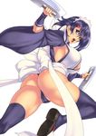  ass black_hair black_legwear blue_eyes breasts cleavage highres iroha_(samurai_spirits) large_breasts looking_at_viewer looking_back panties partially_visible_vulva revealing_clothes rokko samurai_spirits short_hair sideboob simple_background solo thighhighs thighs thong underwear weapon white_background 