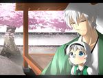  1girl :&lt; blue_eyes bow bug butterfly butterfly_on_nose cherry_blossoms cross_eyed day hair_ribbon highres insect konpaku_youki konpaku_youki_(ghost) konpaku_youmu konpaku_youmu_(ghost) letterboxed looking_down outdoors ribbon scar short_hair sitting sitting_on_person tatetsuki touhou tree veranda vest wall white_hair younger 