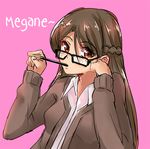  braid breasts brown_eyes brown_hair cardigan chin_rest enki_(dragonfire) food freckles french_braid glasses long_hair original pink_background pocky simple_background small_breasts solo 