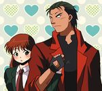  1girl black_hair blue_seed blush brown_hair couple fingerless_gloves fujimiya_momiji gloves green_eyes heart heart_background height_difference hetero holding_hands jacket kusanagi_mamoru long_hair necktie tan tapp 