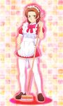  :&lt; apron blush broom brown_hair crossdressing daimon_masaru digimon digimon_savers dress full_body green_eyes loafers maid maid_headdress male_focus otoko_no_ko shoes solo thighhighs white_legwear 