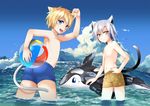  animal_ears ass ball beachball blonde_hair blue_eyes cat_ears cat_tail cloud day highres inflatable_toy inflatable_whale male_focus male_swimwear multiple_boys ocean original red_eyes silver_hair sky smile swim_briefs swim_trunks swimwear tail water yoshiichi_(yosiichi) 